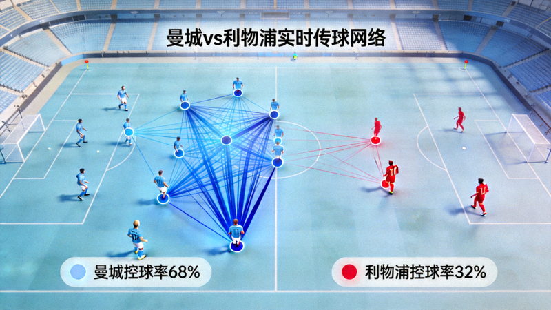 曼城对阵利物浦比赛的实时传球网络可视化图表，显示曼城中场密集的传球连线与控球优势