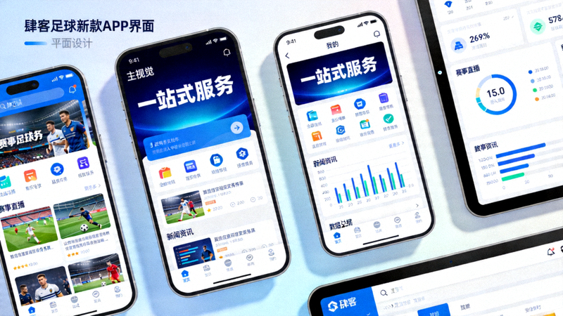 肆客足球新版APP界面在多种设备上展示，界面设计现代，突出‘一站式服务’字样