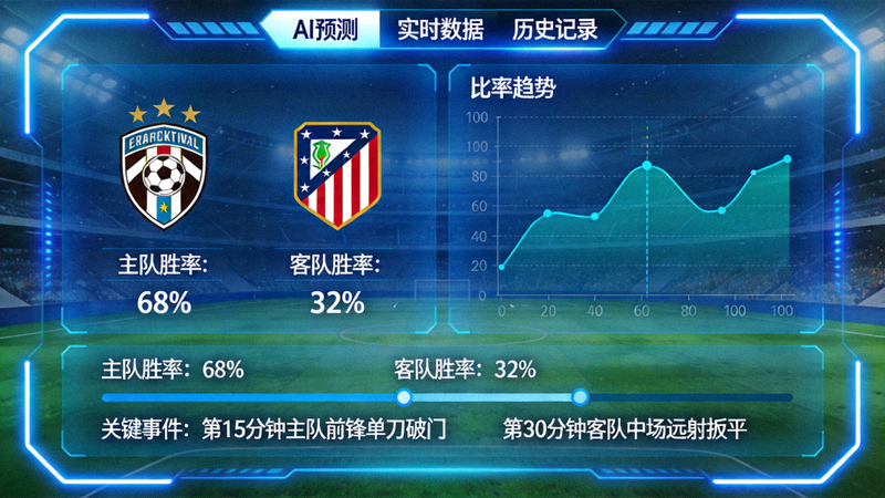 显示AI预测比赛胜负概率和关键事件的可视化界面，充满科技感