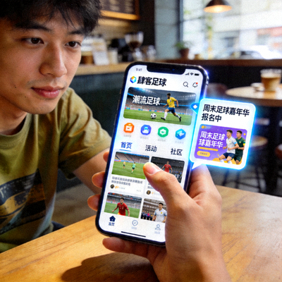 年轻人在手机上使用肆客足球APP，屏幕上显示着潮流内容和活动推荐