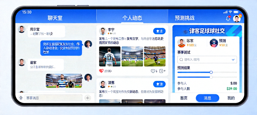 肆客足球球迷社交平台界面截图，展示聊天室、个人动态与预测挑战功能