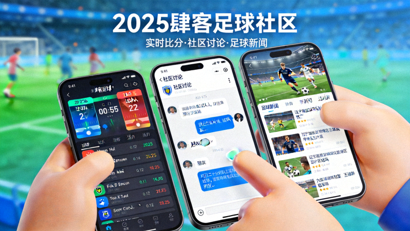 2025肆客足球社区主视觉图：球迷在手机APP上查看实时比分、参与社区讨论、浏览足球新闻的复合场景