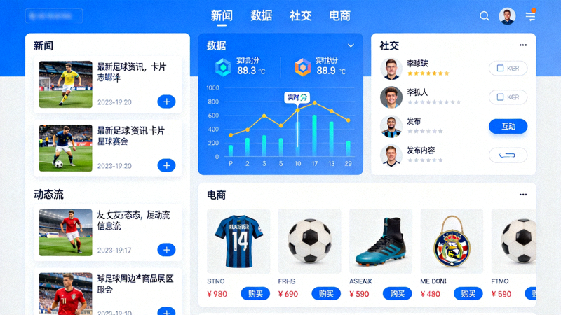 肆客足球平台界面展示，融合了新闻、数据、社交和电商功能